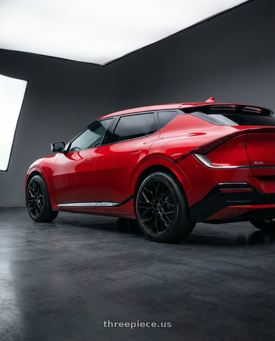 2024 kia ev6 with MARQUEE WHEELS M1004 5x114.3 20x9+33 GLOSS BLACK MACHINE wheels rear three quarter view square tires