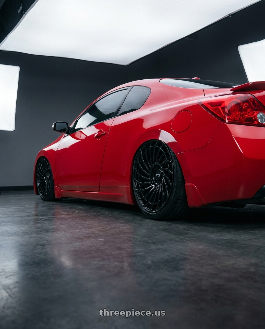2010 Nissan Altima Coupe with RTX RS06 5x114.3 20x8.5 +40 Gloss Black wheels rear three quarter view square tires