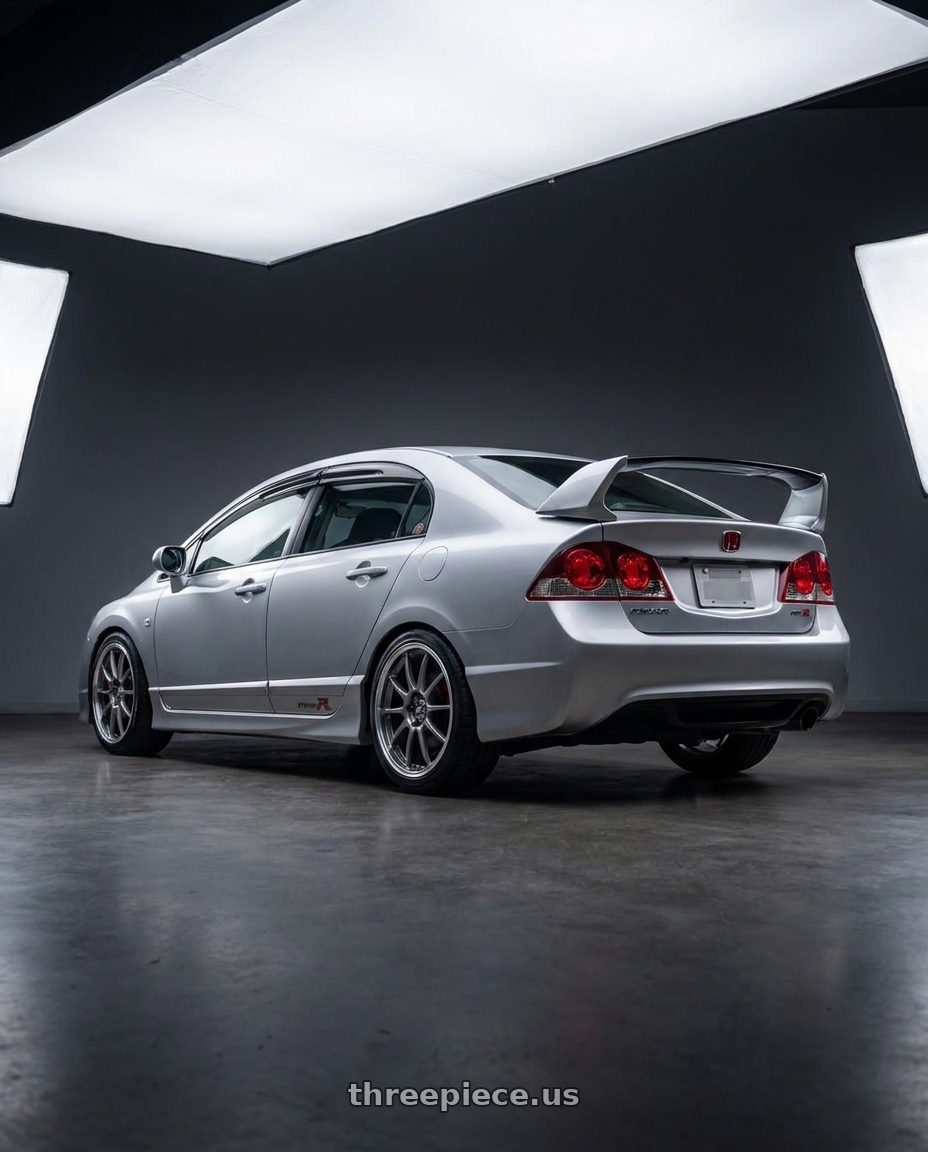 2009 Honda fd2 silver paint with Enkei J10 4x100/114.3 15x6.5+38 Silver w/ Machined Lip Dia wheels rear three quarter view square tires