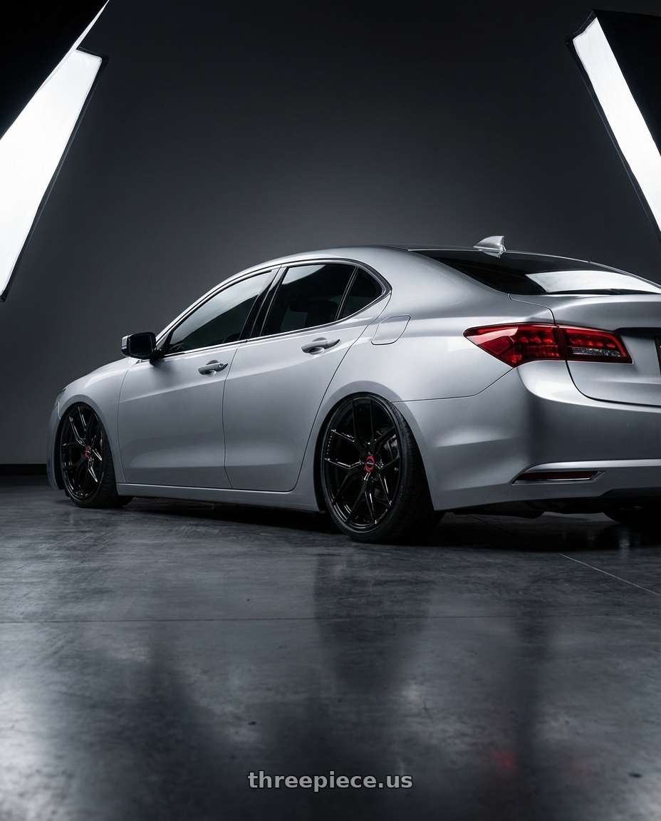 2019 Acura TLX with Vossen HF-5 20x10.5 / 5x114.3 / ET45 / Deep Face / 73.1 -GB - Gloss Black Wheel - HF5-0N10 wheels rear three quarter view slight stretch tires