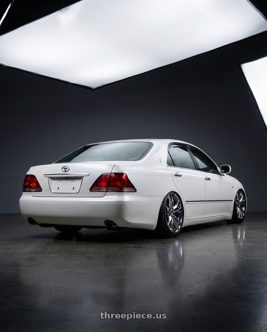 2005 toyota crown with OE Wheels CA15C 5x120 18x8.5+32 Chrome wheels rear three quarter view slight stretch tires