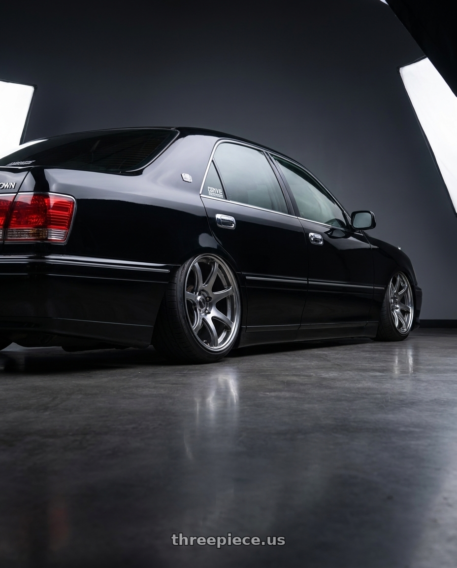 2000 Toyota Crown  with FORMULA AERO SPOKE 5x114.3 18X10+-7 HP Disk Titan Silver wheels rear three quarter view slight stretch tires