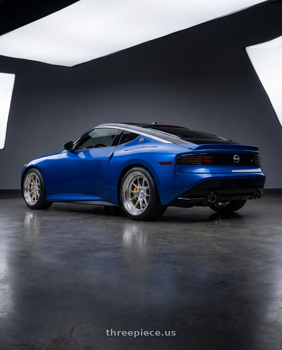 2024 Nissan z with CCW CZ05 4x100 16x7 +40 Polished wheels rear three quarter view square tires