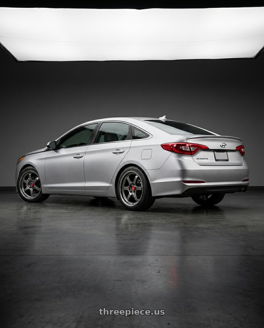 Hyundai Sonata SE 2017 with Aodhan AH08 5x114.3 18x8.5+35 Hyper Black wheels rear three quarter view square tires