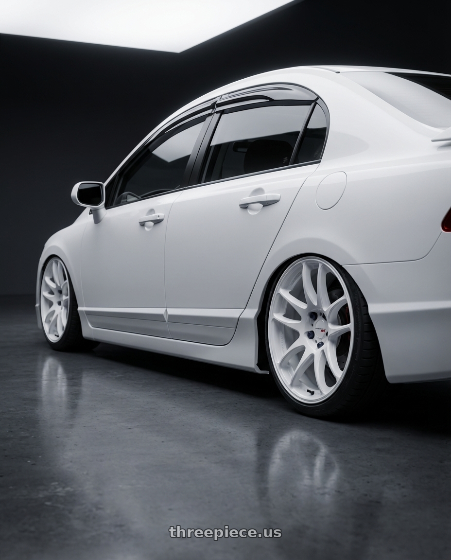 2008 Honda Civic SI with Work Emotion Cr Kiwami 4x100 17x7 +47 White wheels rear three quarter view square tires