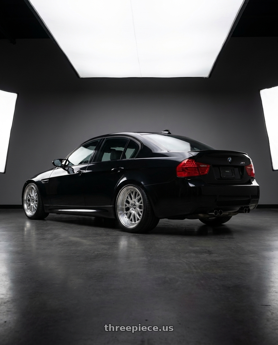 2010 BMW M3 with ESR Wheels CS SERIES CS11 5x120 18x10.5 +22 Hyper Silver wheels rear three quarter view square tires