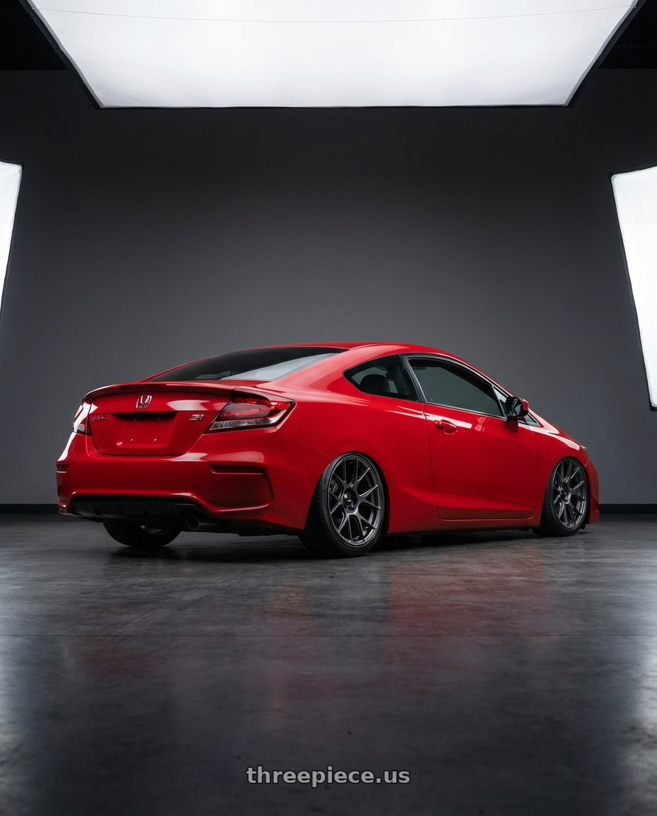 2011 Honda Civic Si with Konig Ampliform 5x114.3 18x8.5+35 Dark Metallic Graphite wheels rear three quarter view slight stretch tires