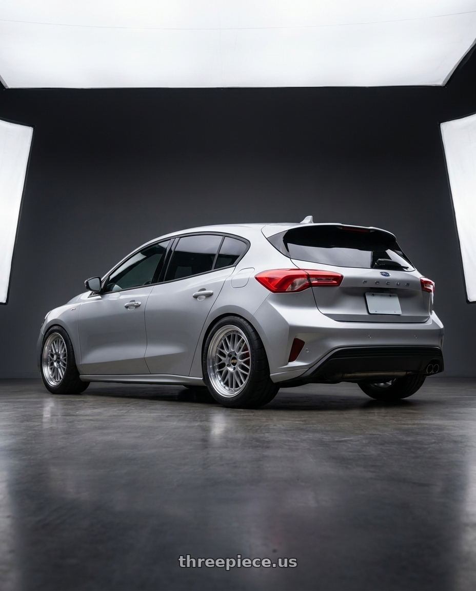 2023 ford focus with BBS LM 5x114.3 18x9.0+42 Diamond Silver wheels rear three quarter view meaty tires