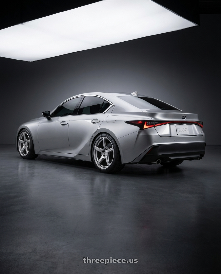 2021 Lexus IS300 Base Model with Work Emotion T5r 5x114.3 19x8.5 +35 Glow Silver wheels rear three quarter view square tires