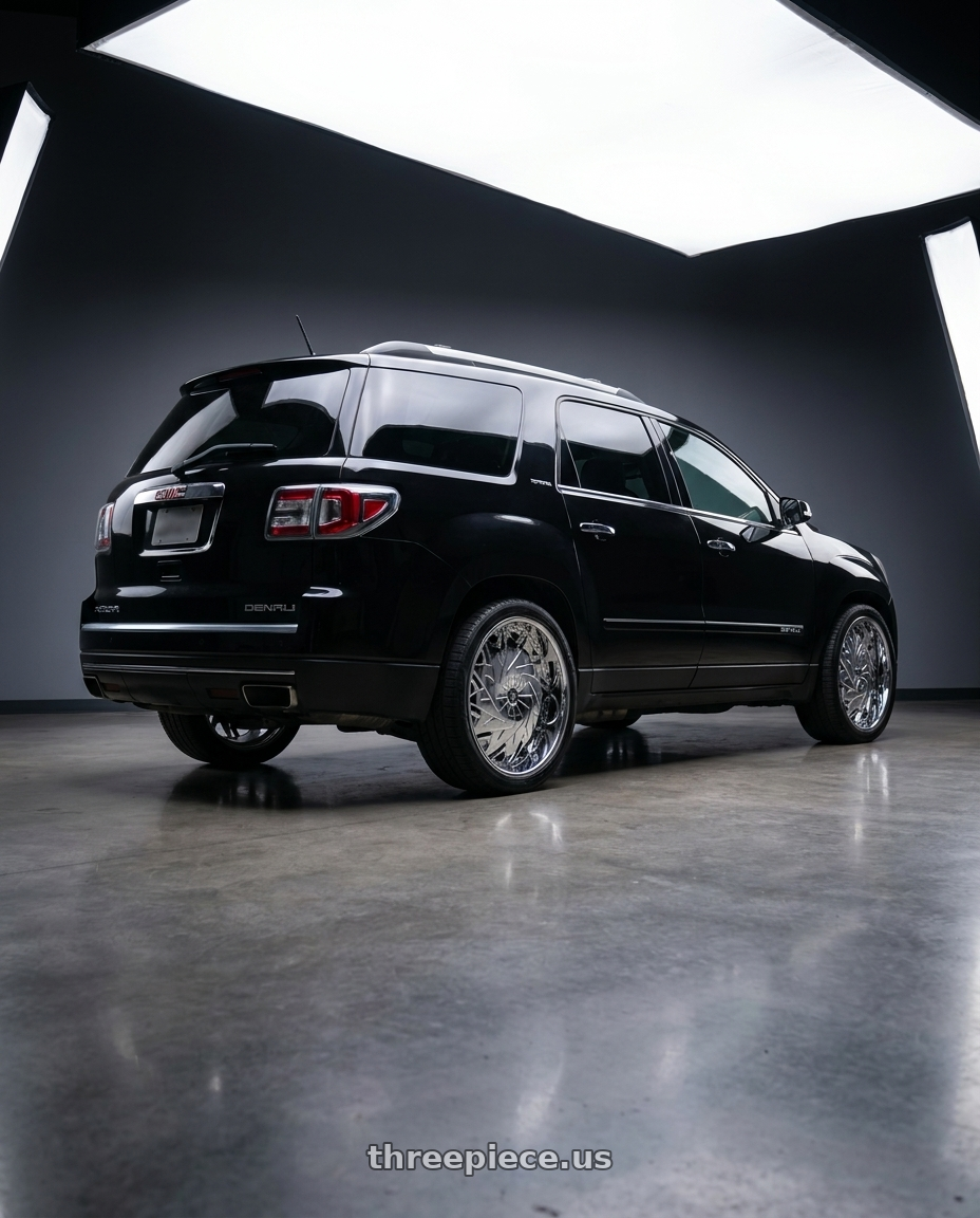 2016 GMC Acadia Denali AWD with DUB 1PC S235 DAZR 5X120.65/5X127 26X10 +5 CHROME PLATED wheels rear three quarter view square tires