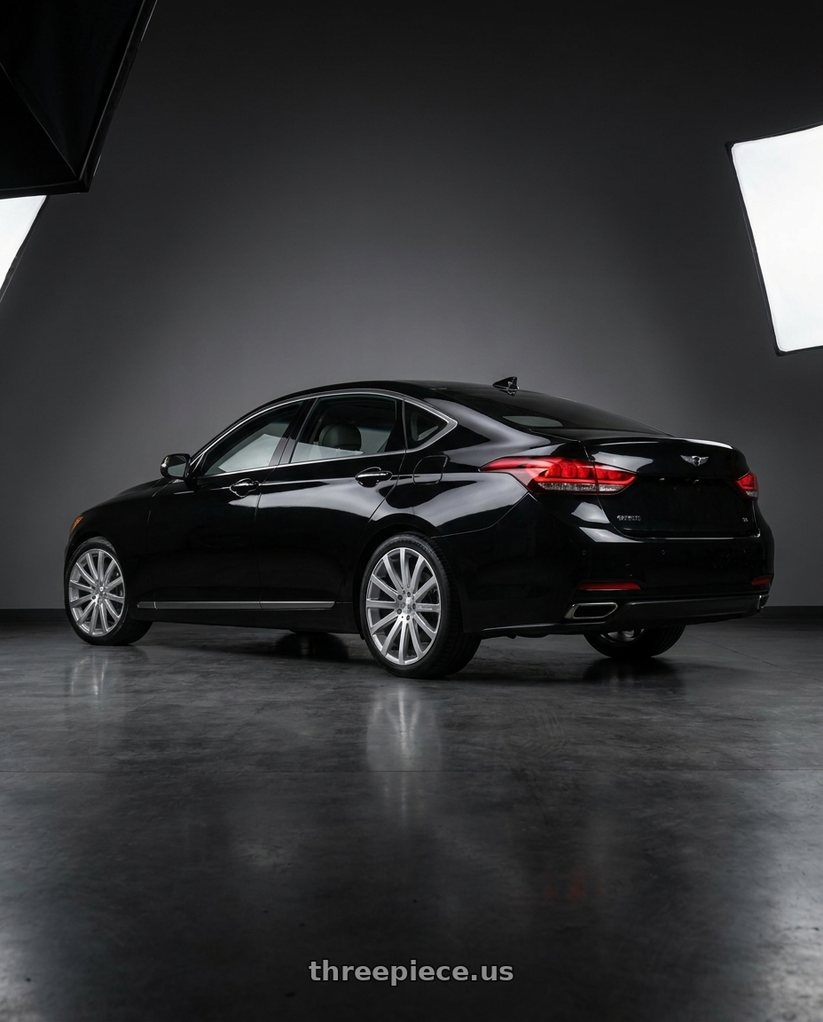2016 Hyundai Genesis 3 8 with MRR HR9 5x114.3 19x8.5  +35 Silver Machine Face wheels rear three quarter view square tires