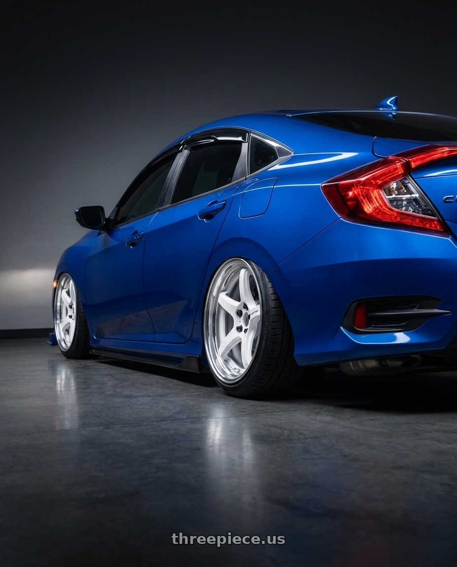 2020 honda civic ex blue with Work T5R 2P 5x114.3 18x8.5 +38 WHITE wheels rear three quarter view slight stretch tires
