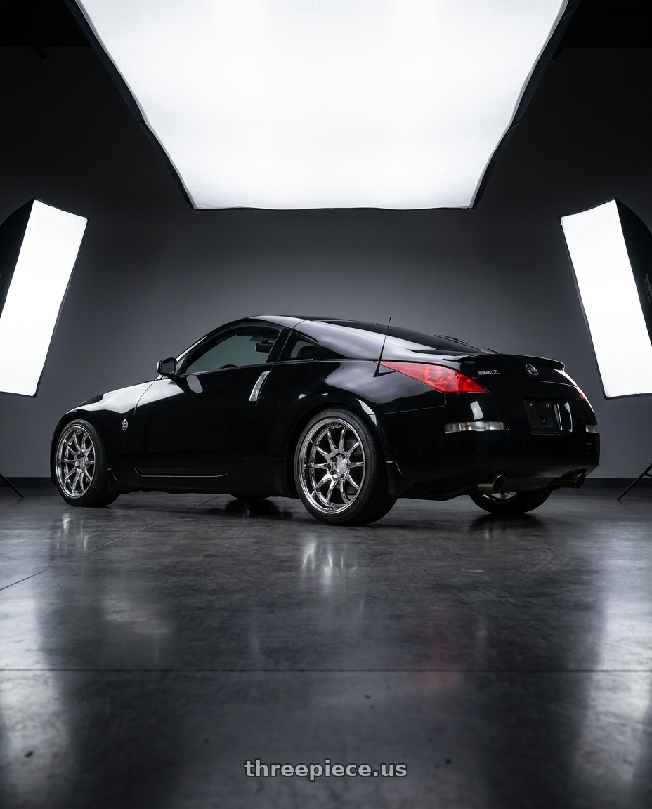 2005 Nissan 350z 35th Anniversary with Aodhan DS02 5x114.3 19x9.5+22 Vacuum Chrome wheels rear three quarter view square tires