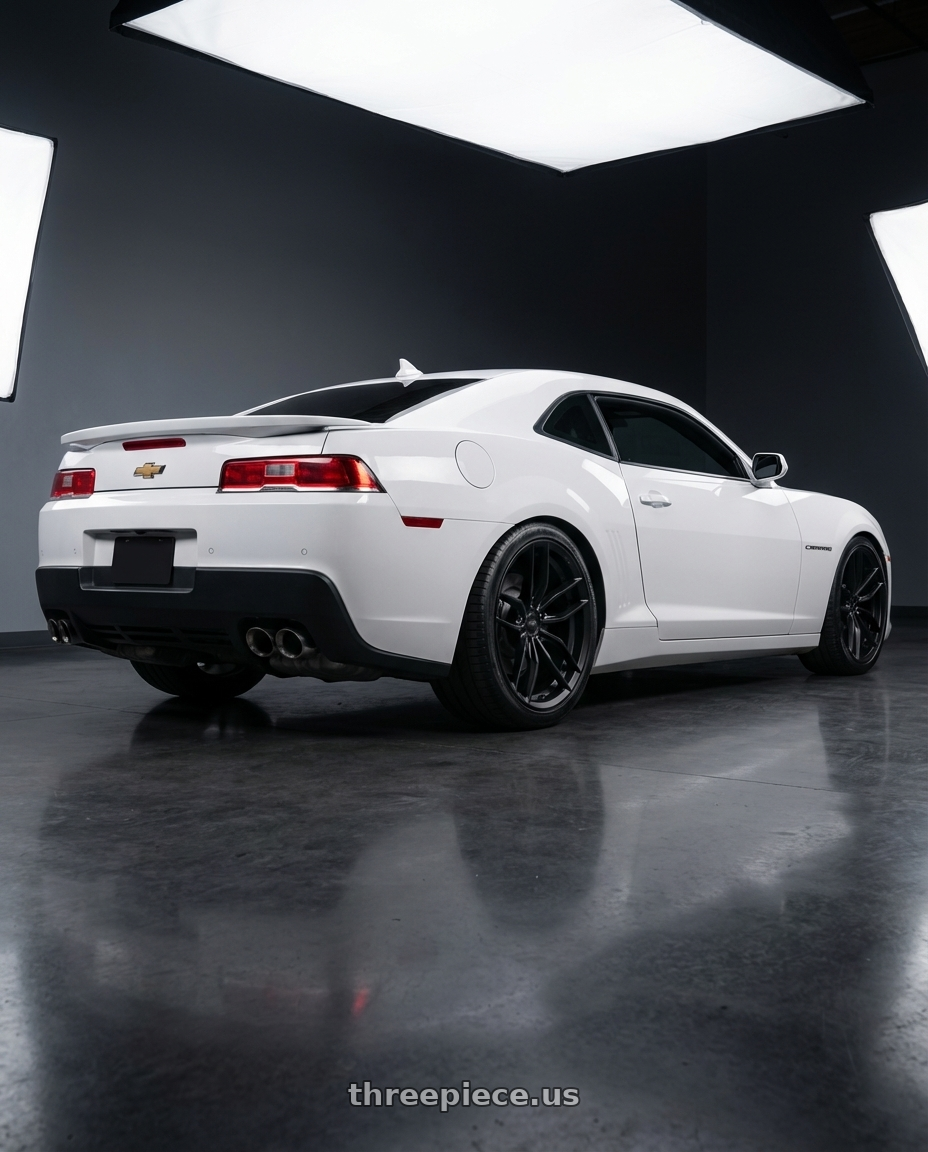 2014 Chevrolet Camaro 5th Gen with Niche 1PC M203 VOSSO 5X120 20X11 +35 MATTE BLACK wheels rear three quarter view square tires