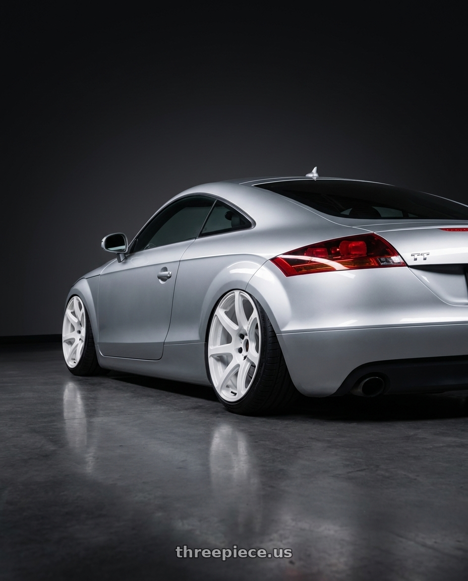 2008 Audi tt with Work Emotion T7r 5x120 18x9.5 +38 White wheels rear three quarter view slight stretch tires