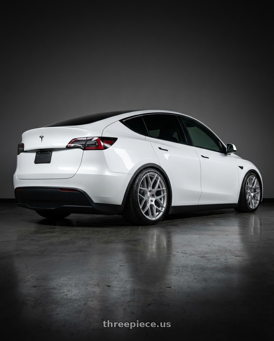 2023 Tesla y with Aodhan AFF2 5x114.3 19x8.5+35 Gloss Silver Machined Face wheels rear three quarter view meaty tires