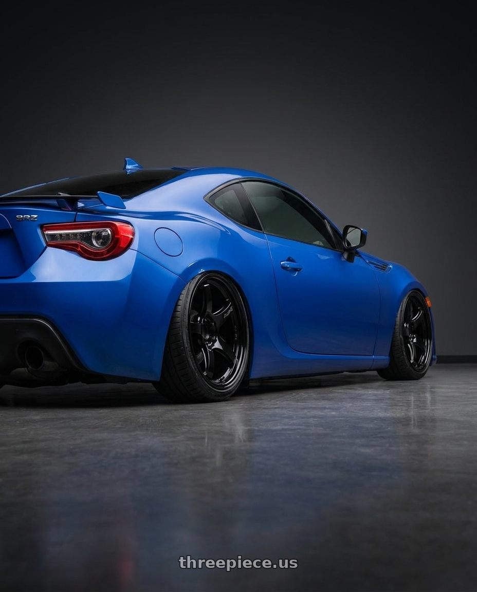 2017 Subaru BRZ with Gram Lights 57CR 5x100 18x8.5+45 Glossy Black wheels rear three quarter view slight stretch tires