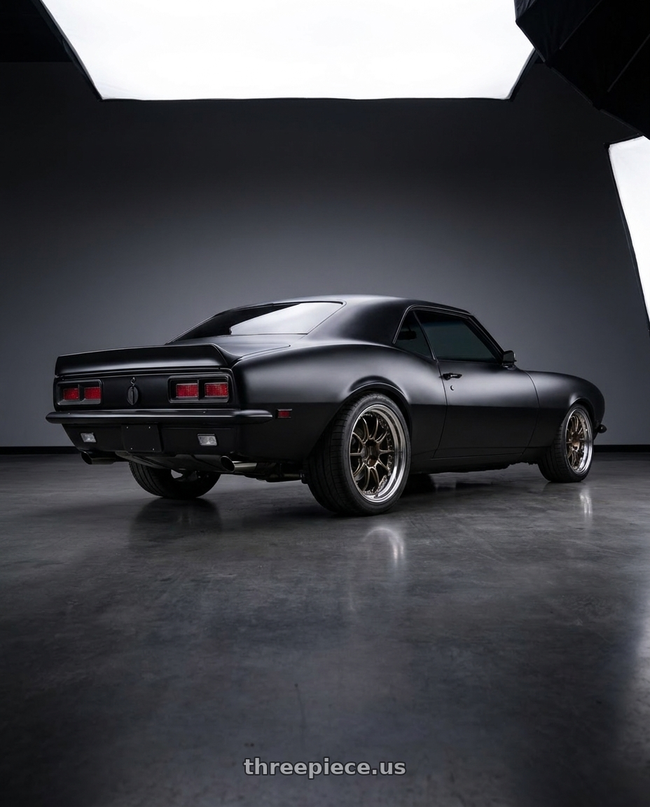 1968 Chevy Camaro with SSR Professor SP5 5x108 18X9+41 MD Disk High Metal Bronze wheels rear three quarter view square tires