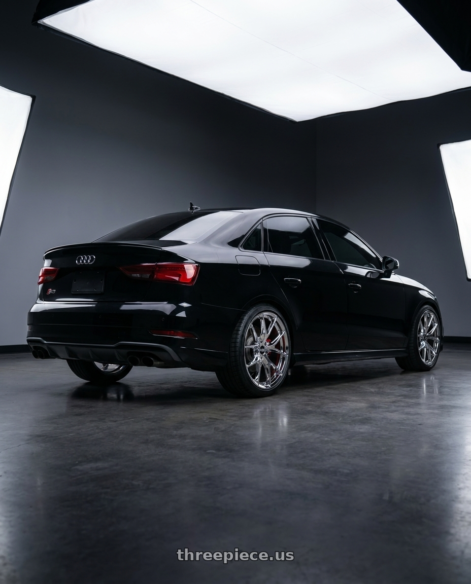 2020 Audi S3 with ESR Wheels RF2 5x112 19x9.5 +35 Vacuum Chrome wheels rear three quarter view square tires