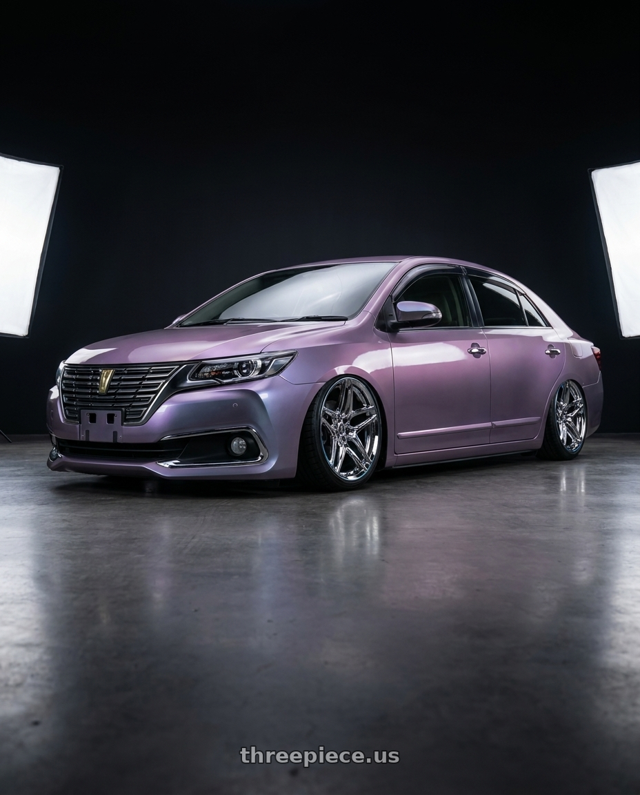 2013 Toyota Premio with Heritage Wheel EBISU MonoC 5x100 18x11+6 Chrome wheels rear three quarter view square tires