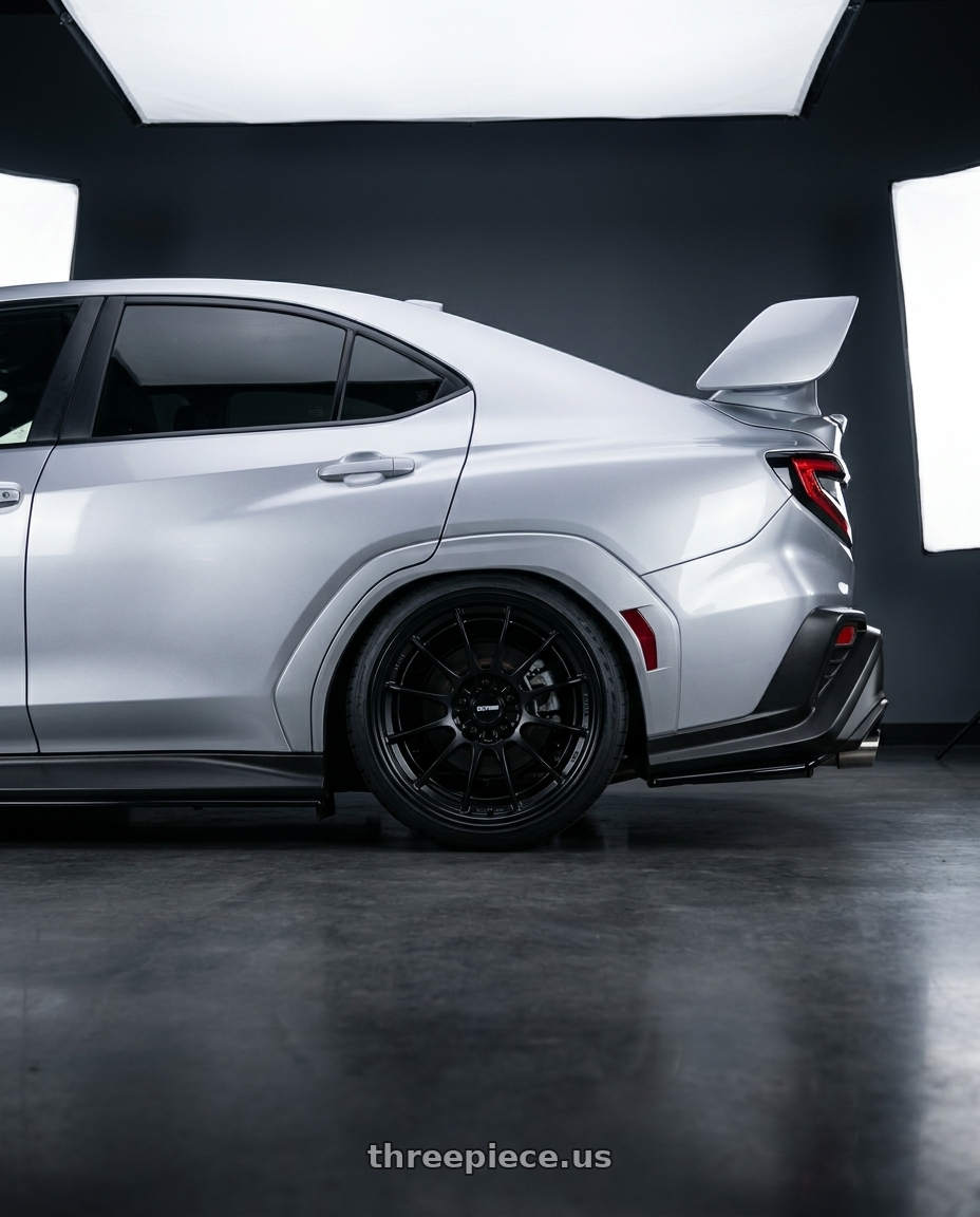 2026 Subaru Wrx Limited Ice Silver Metallic with Enkei NT03+M 5x114.3 18x9.5+40 Gloss Black wheels rear three quarter view square tires