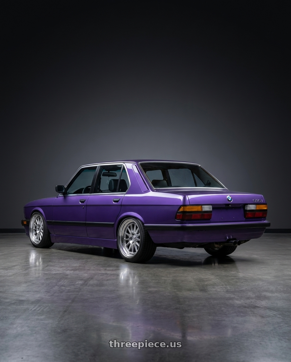 1985 BMW 535i with Work Seeker Fx 5x120 17x9+0 A Disk Matte Silver Polish wheels rear three quarter view square tires