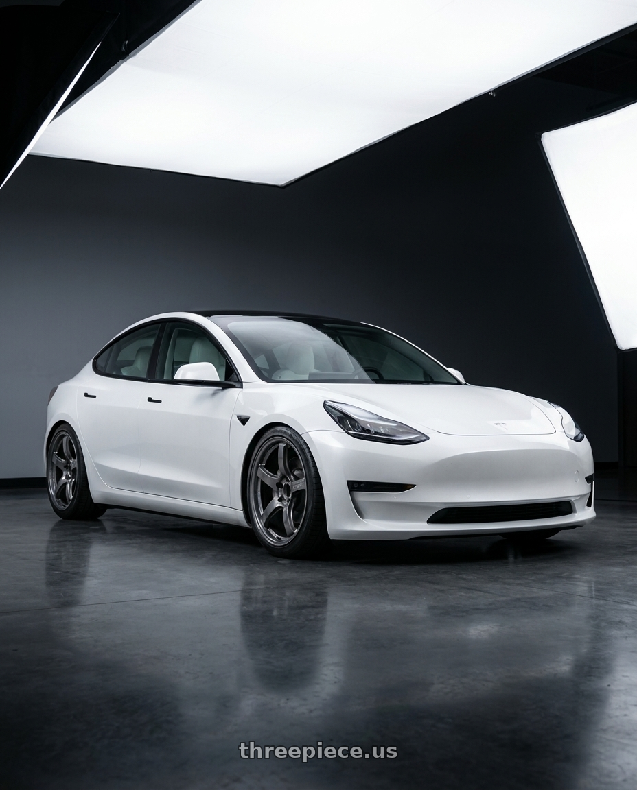2021 tesla model 3 sr+ white with Gram Lights 57CR 5x114.3 19x9.5 +35 GLOSSY GRAY wheels