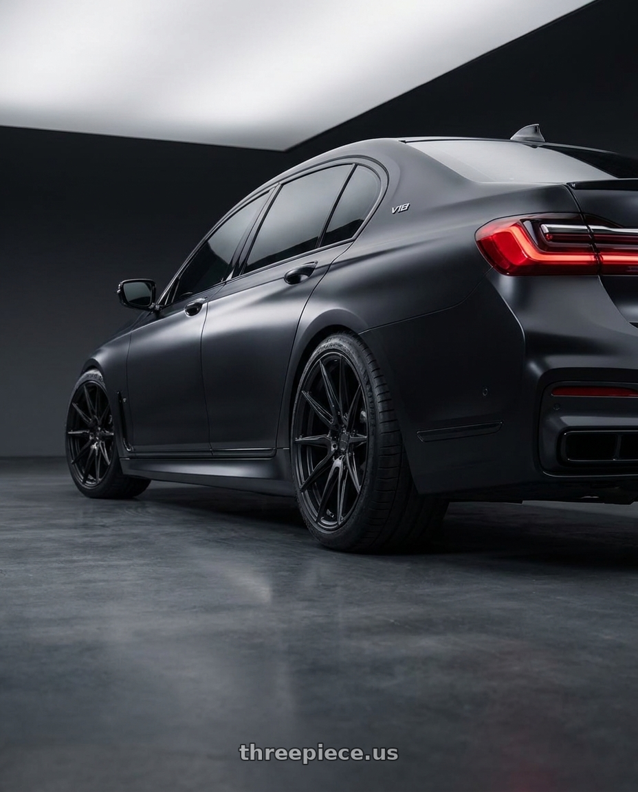 2019 g12 740i m sport with ADV.1 ADV5.0 5x112 20x11 +12 Satin Black wheels rear three quarter view meaty tires