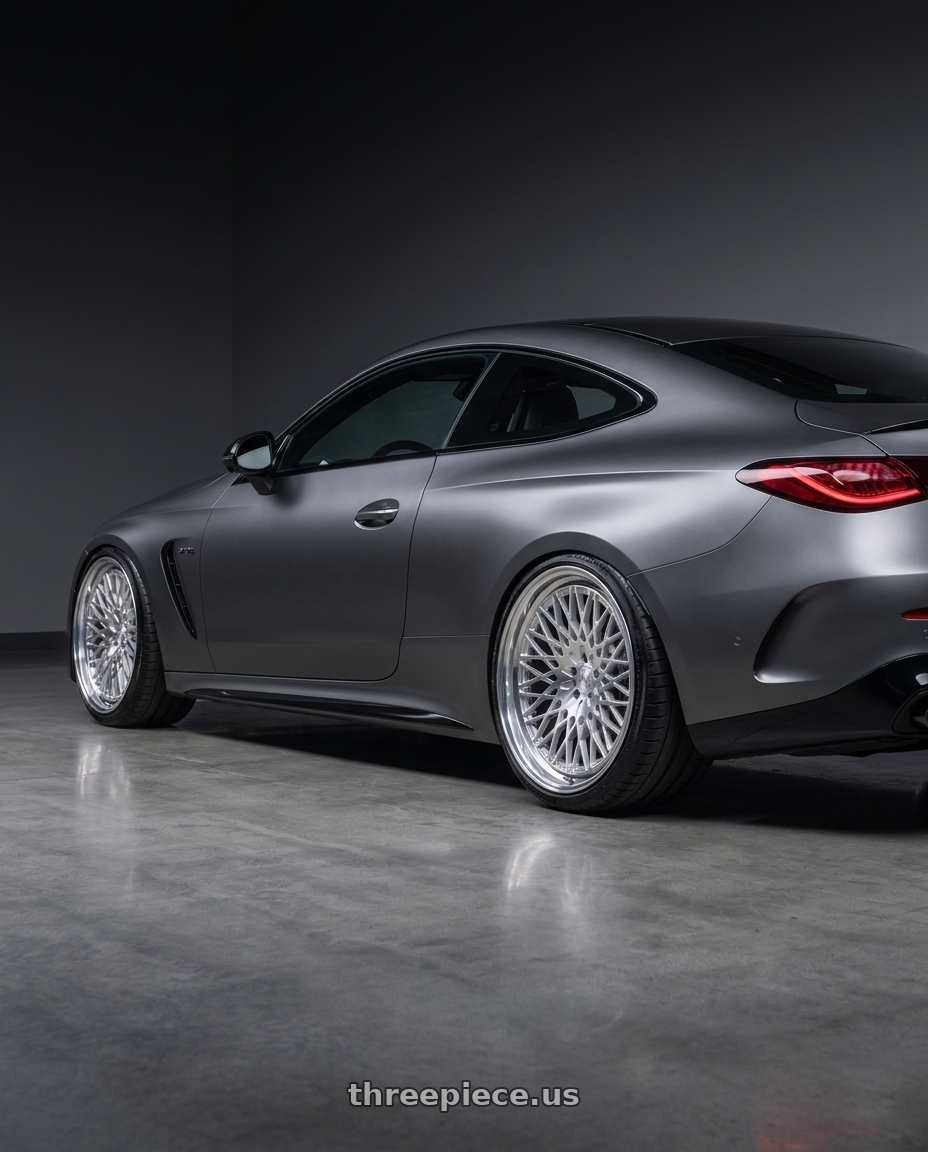 2025 Mercedes CLE53 AMG with Avant Garde Wheels M540 5X112 18x9 +48 Silver Machined wheels rear three quarter view extreme stretch tires