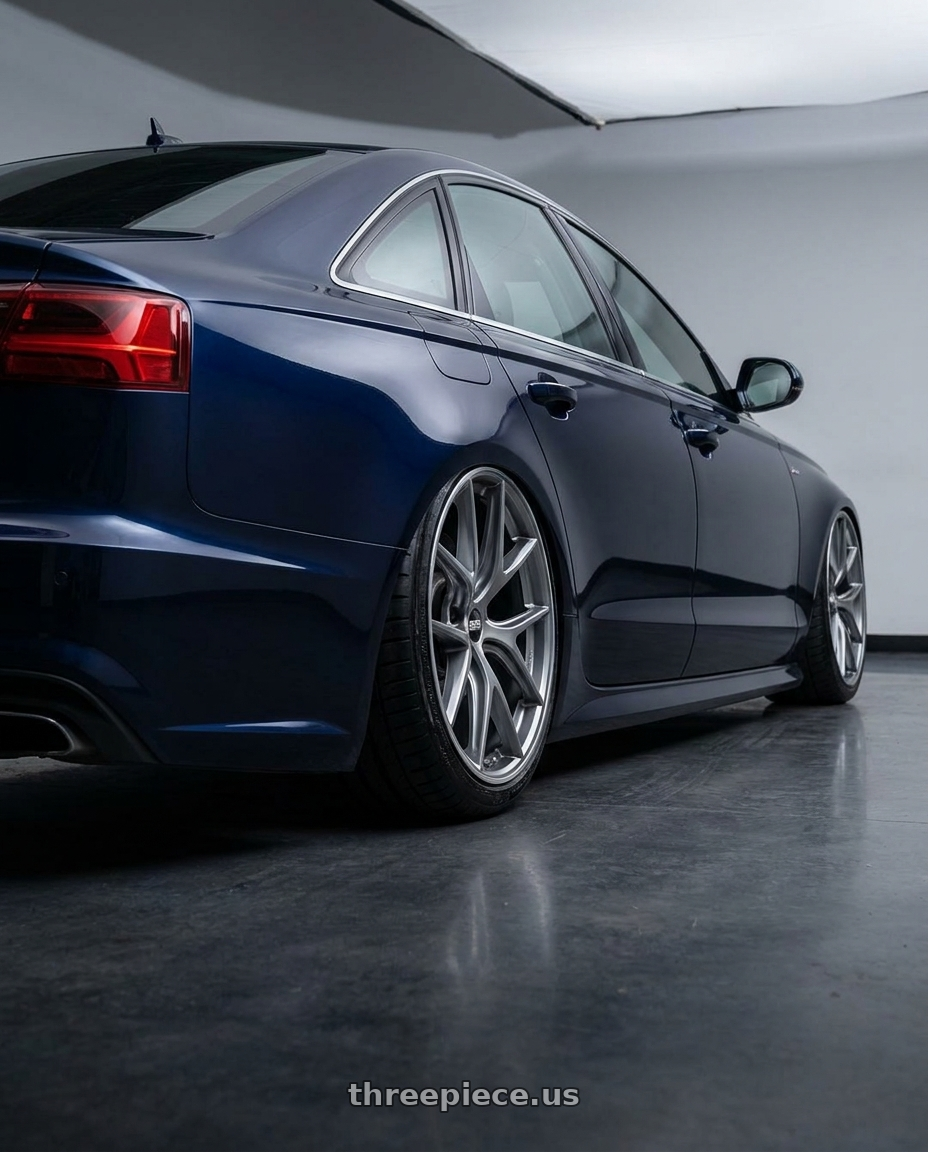 2017 Audi a6 midnight blue metallic with BBS CI-R 5x112 19x8 +44 Platinum Silver Polished Rim Protector wheels rear three quarter view slight stretch tires