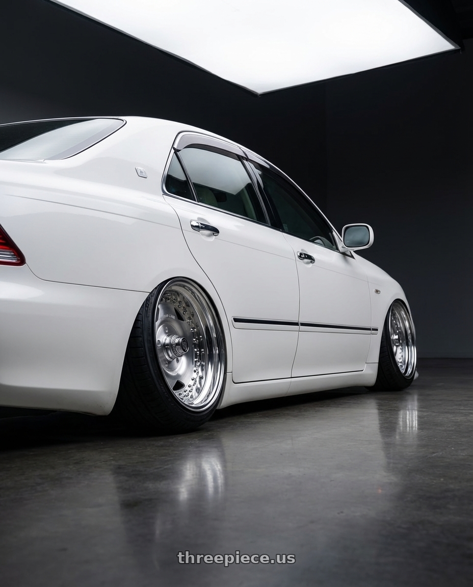 2005 toyota crown with Center Line Convo Pro 2.0 5X114.3 15x10 -55 Polished wheels rear three quarter view slight stretch tires