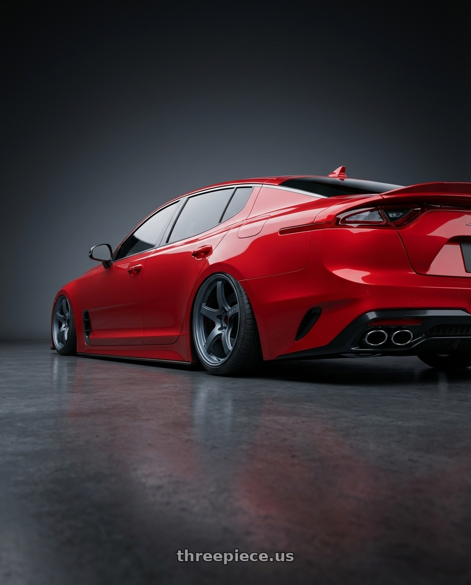 2022 Kia Stinger GT with Gram Lights 57CR 5x114.3 19x9.5+25 Gunblue II wheels rear three quarter view slight stretch tires