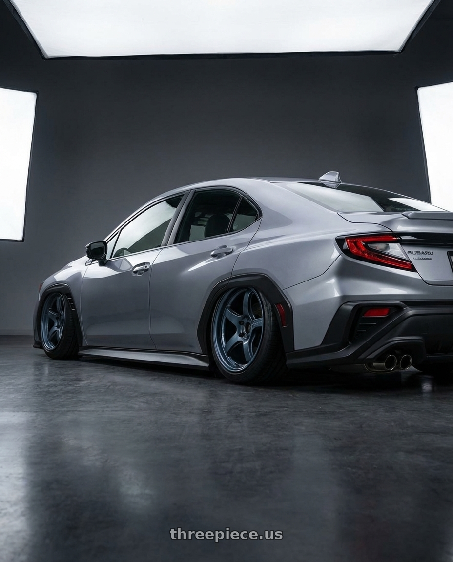 2024 Subaru wrx grey  with Gram Lights 57CR 5x114.3 18x10.5+12 Gunblue II wheels rear three quarter view extreme stretch tires