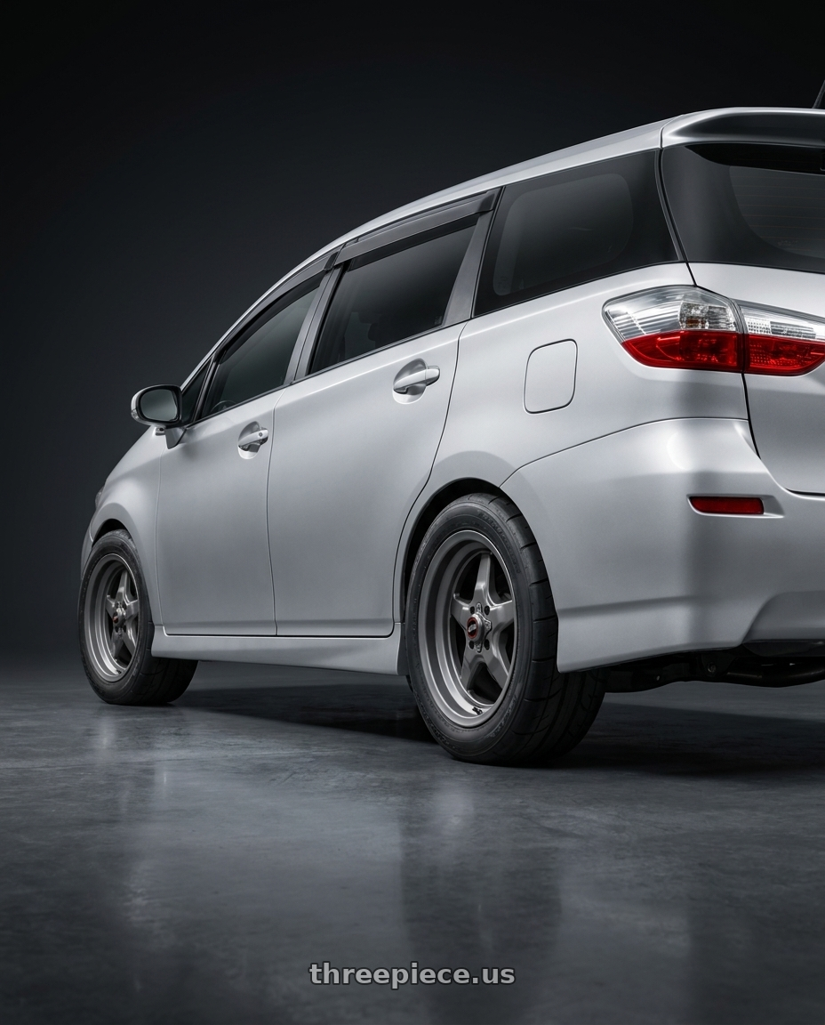2009 Taiwan Toyota wish with Race Star 91 Drag Star 4x108 15x10 +25 Grey wheels rear three quarter view square tires