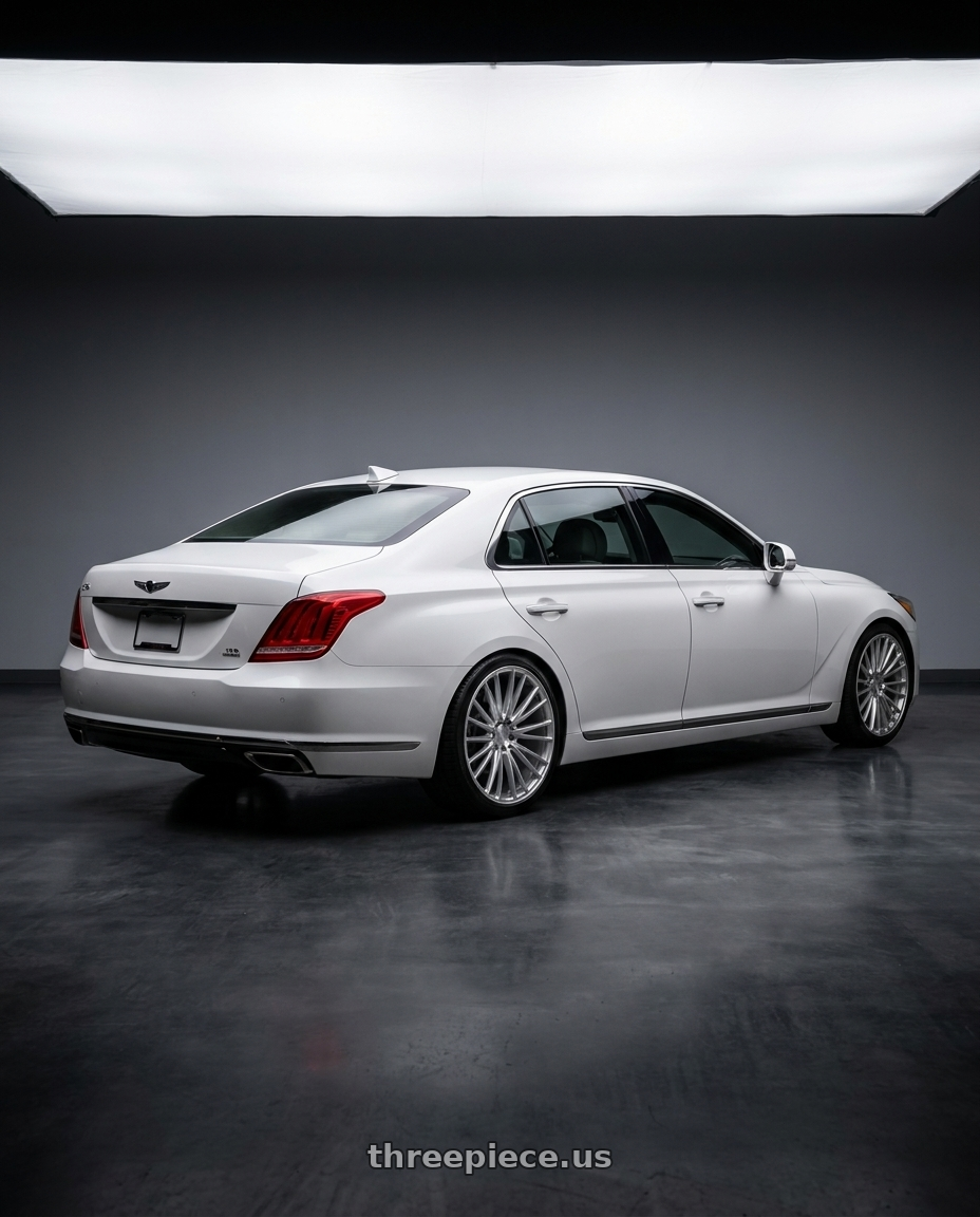 2018 genesis g90 ultimate with Axe CF2 5x114 20X8.5+40 SILVER wheels rear three quarter view square tires