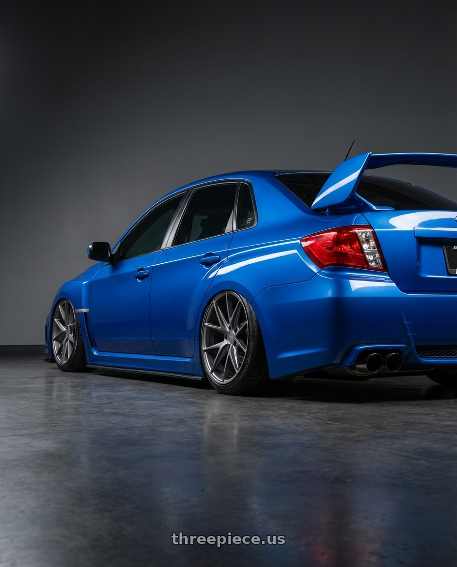 2013 Subaru WRX STI with Niche 1PC M116 MISANO 5X114.3 18X8 +40 MATTE GUN METAL wheels rear three quarter view slight stretch tires