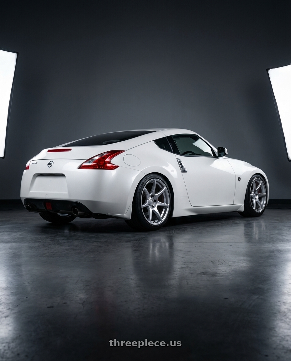 2019 Nissan 370Z with Kansei K11S Tandem 5x114.3 19x9.5 22 Hyper Silver wheels rear three quarter view square tires