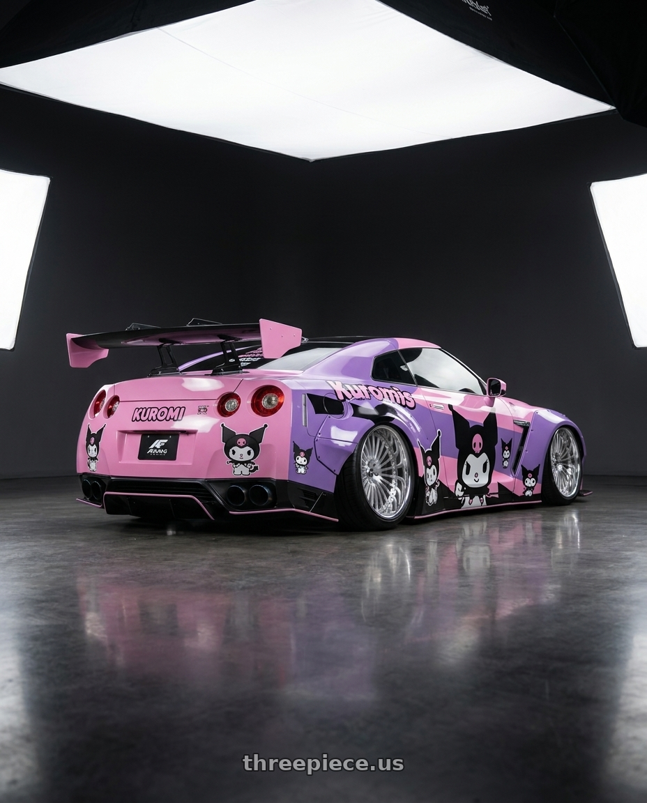 2025 NISSAN GT-R R35(MymodelCollect-LB GTR R35模型車) with Amani R.E.A.L. 5x112/5x120 22x9 +32 Brush Center Chrome Lip wheels rear three quarter view slight stretch tires