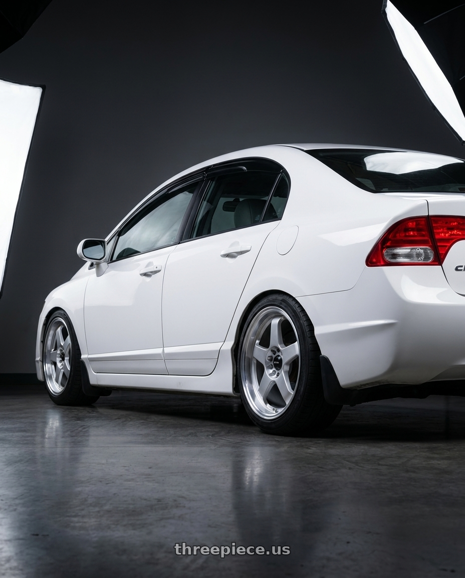 2007 honda civic ex with Vors SP1 5x100/5x114.3 17x8  +35 Silver Machine Face Lip wheels rear three quarter view square tires