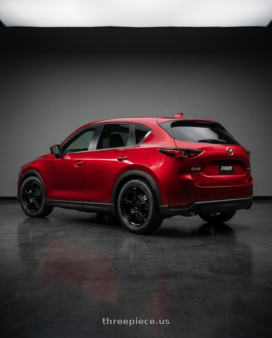 2019 Mazda Cx5 with Gram Lights 57CR 5x114.3 18x10.5+12 Glossy Black wheels rear three quarter view square tires