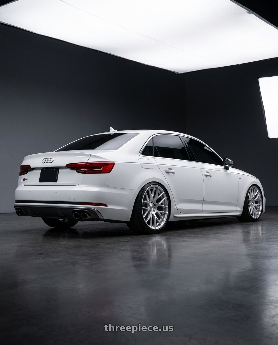 2020 Audi S4 with Avant Garde Wheels M359 5X120 19x10 +25 Hyper Silver wheels rear three quarter view slight stretch tires