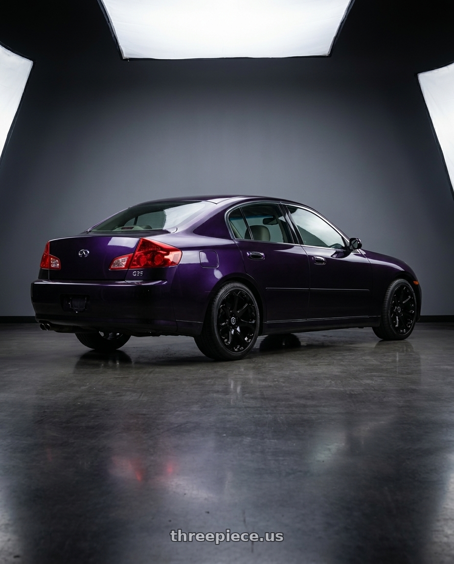 2005 Infiniti G35 Base Midnight Purple with Heritage Wheel Kokoro MonoC 5x114.3 17x8.5+35 Black wheels rear three quarter view square tires