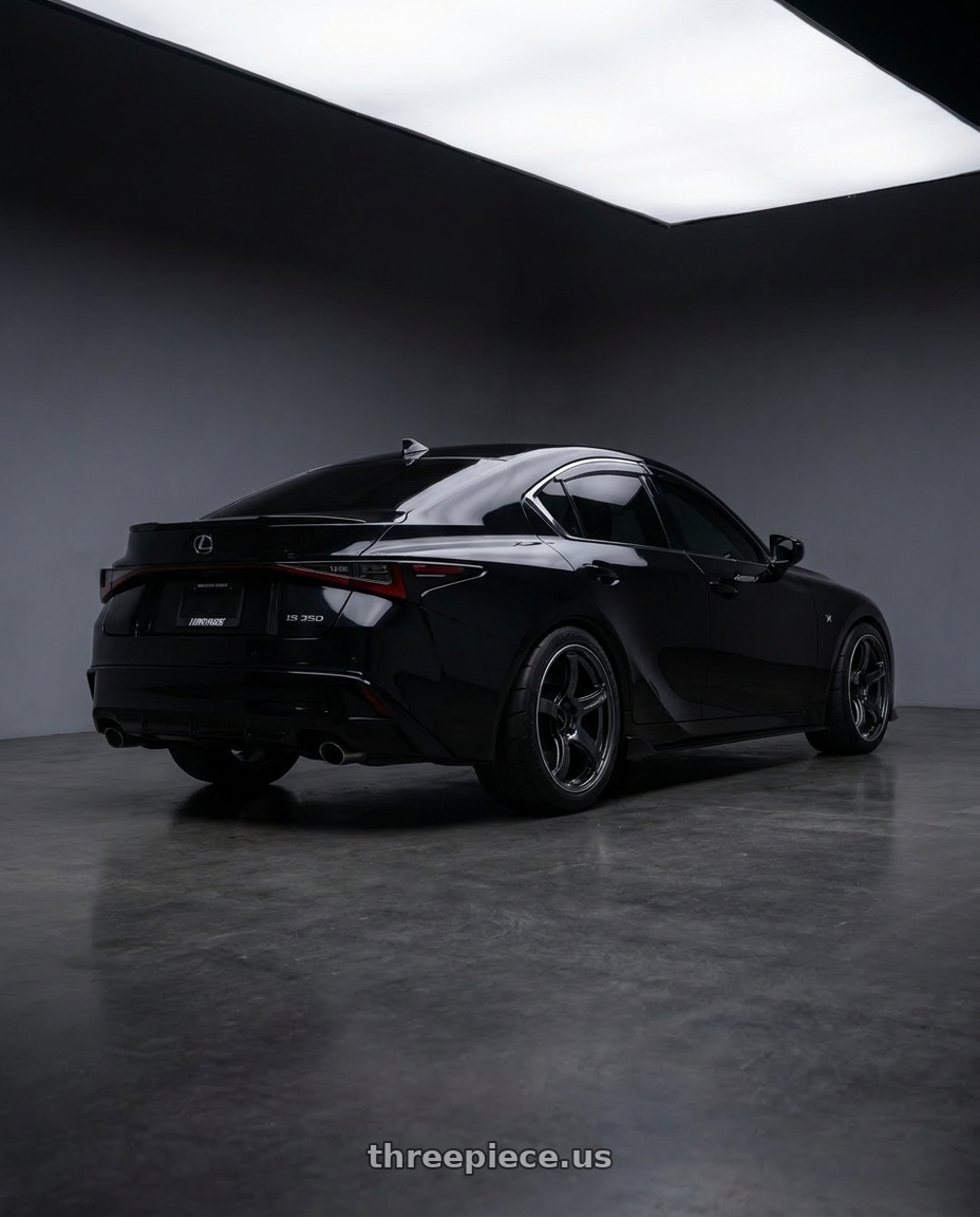 2021 Lexus IS350 with Advan Racing TC4 5x114.3 18x9.5 +35 BLACK GUNMETALLIC & RING wheels rear three quarter view meaty tires