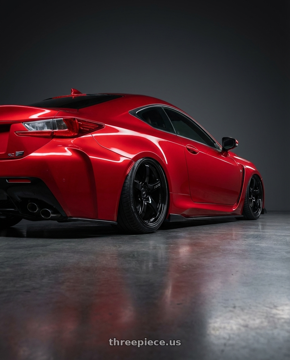 2018 Lexus RC F with Gram Lights 57CR 5x114.3 19x10.5+12 Glossy Black wheels rear three quarter view slight stretch tires