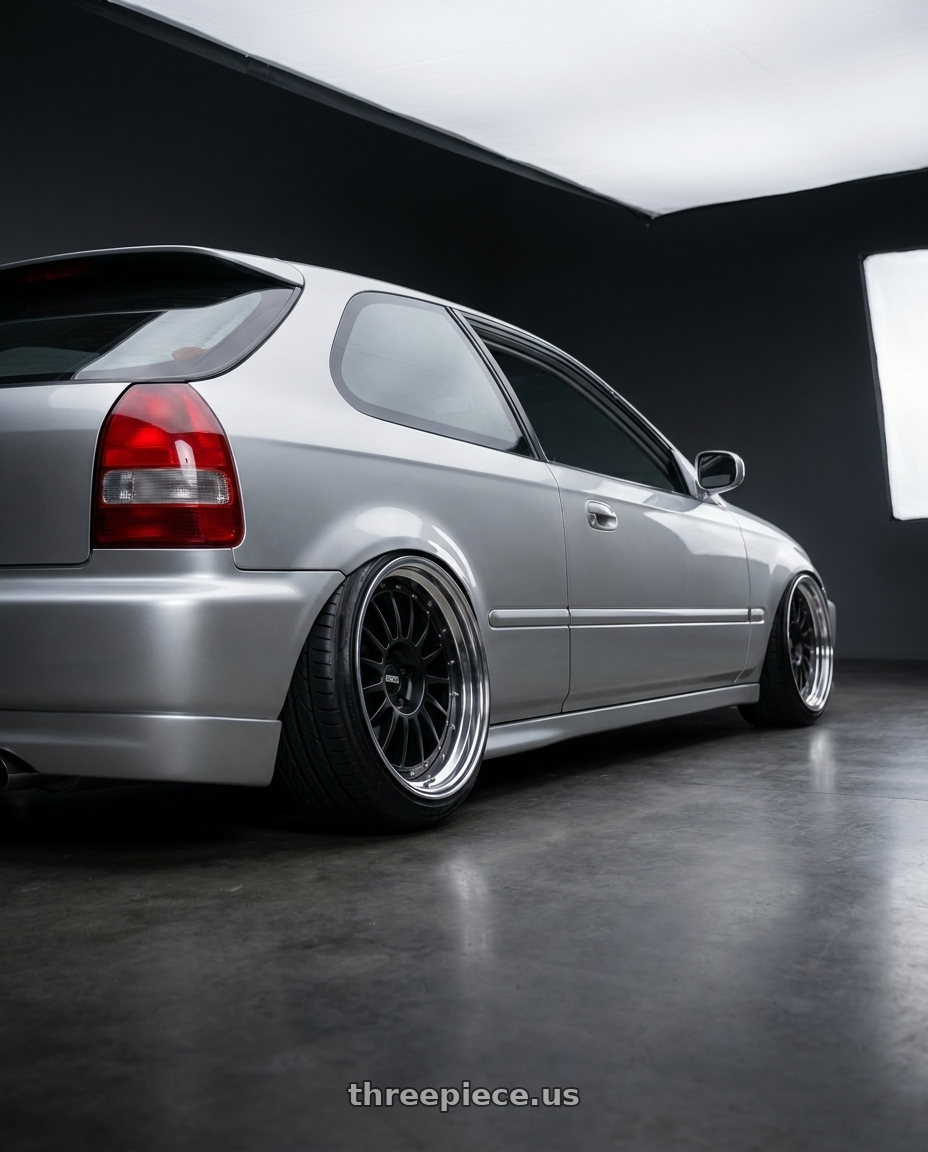 1999 HONDA CIVIC HATCHBACK with SSR Professor TF1 4X100 18X8+19 HP Disk Flat Black wheels rear three quarter view extreme stretch tires
