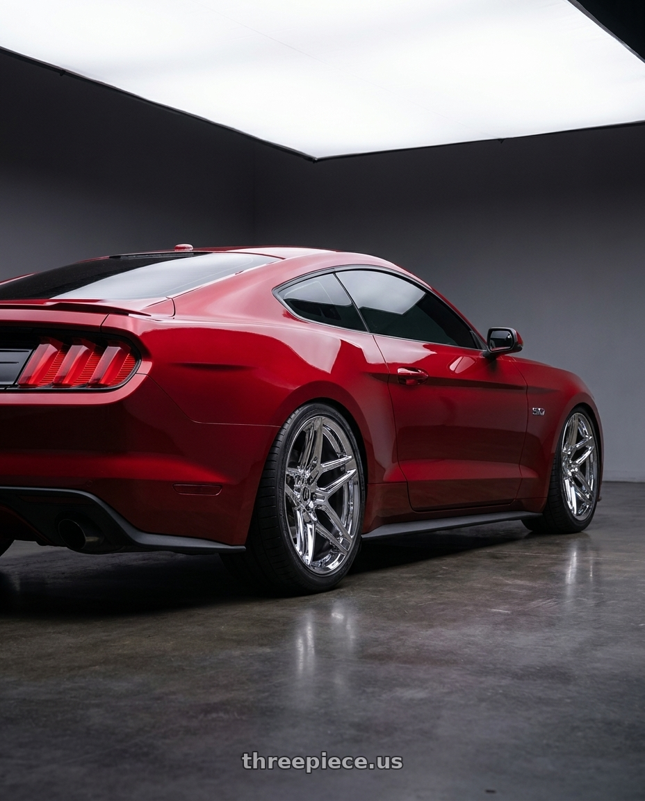 2015 ford mustang gt with HERITAGE WHEEL EBISU MONOC 5x114.3 19x9.5 +38 CHROME wheels rear three quarter view square tires