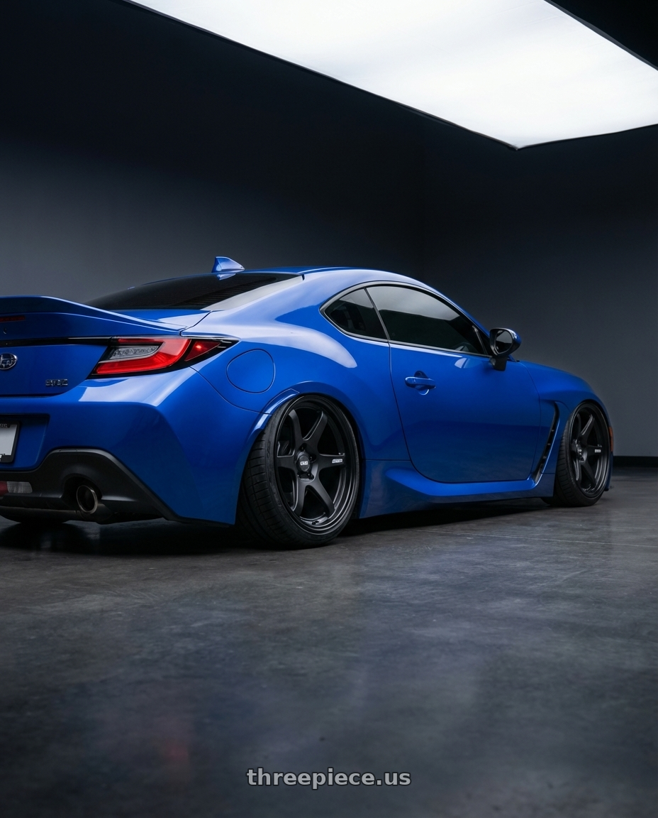 2024 Subaru BRZ with ESR Wheels APEX SERIES AP6 5x114.3 18x10.5 +22 Matte Black wheels rear three quarter view slight stretch tires