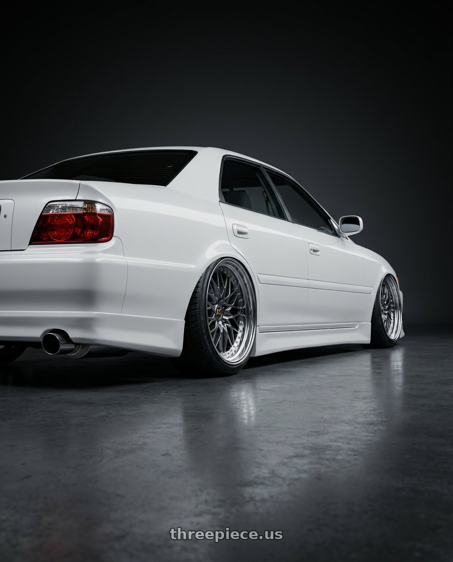 1999 Toyota chaser tourer gp with Work Vs-Xv 5x100 18x7+2 A Disk Brilliant Silver Black wheels rear three quarter view slight stretch tires