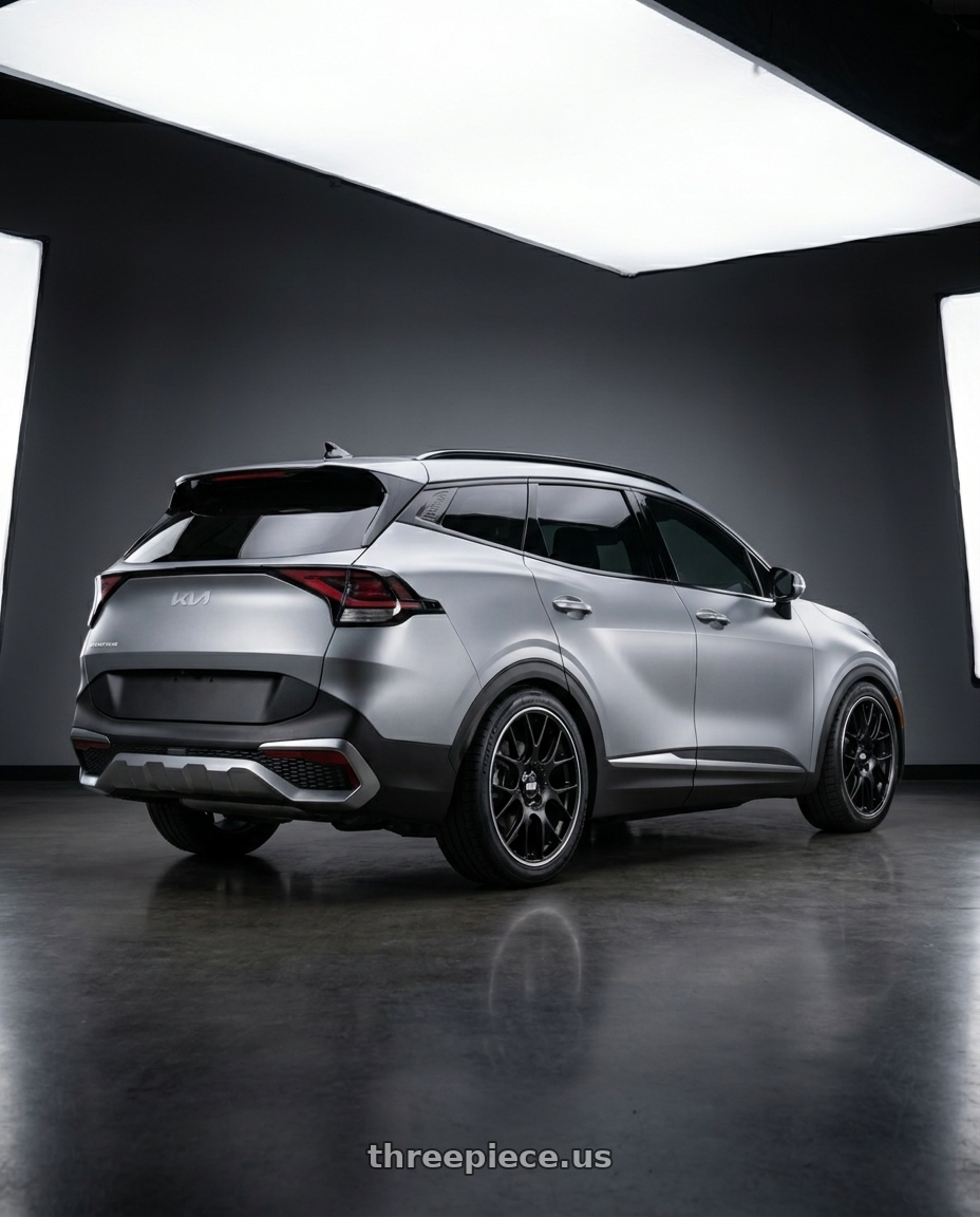 2025 KIA Sportage, Matte Silver with BBS CH-R 5x112 19x8.5 +40 Satin Black Polished Rim Protector wheels rear three quarter view square tires