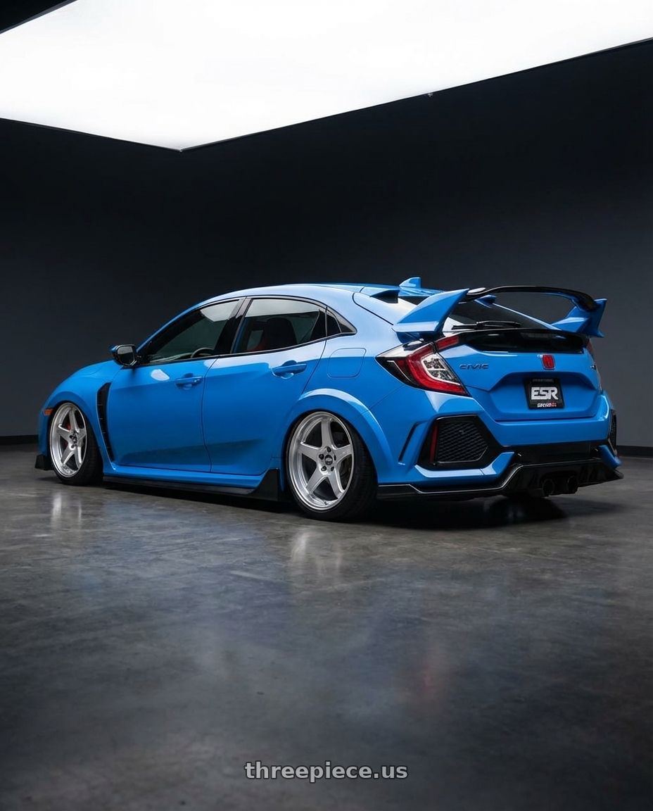 2020 Honda Civic Type R with ESR Wheels APEX SERIES AP5 5x120 19x9.5 +35 Hyper Silver wheels rear three quarter view slight stretch tires